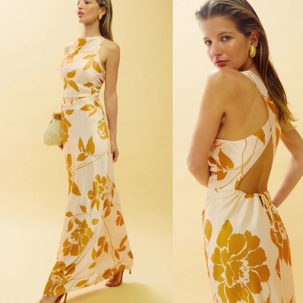 NWT Reformation Anaiis Silk Floral Maxi Dress in Yellow Cream 10